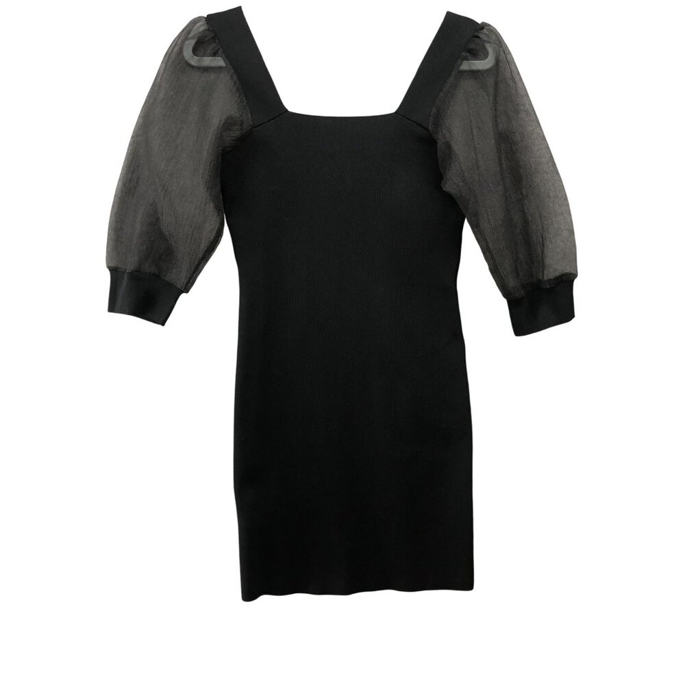 MNG Black Mini Dress Size S Sheer Puff Sleeve Square Neck Bodycon Knit Sweater